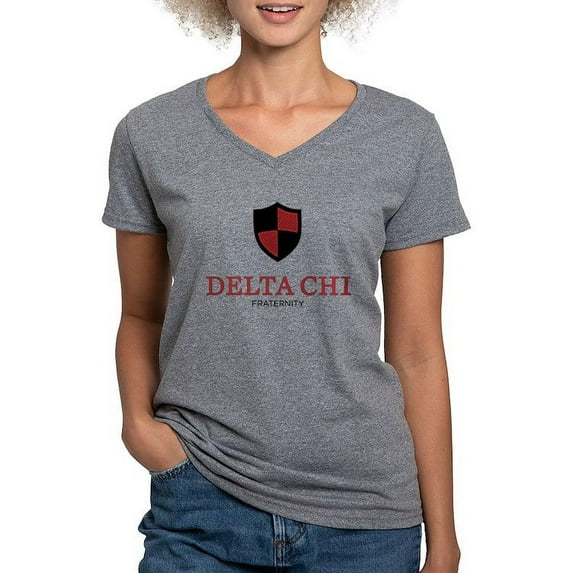 CafePress - Delta Chi Vertical Black And Red Logo T Shirt - Women's V-Neck Dark T-Shirt