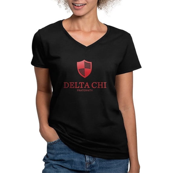 CafePress - Delta Chi Vertical Red Logo T Shirt - Women's V-Neck Dark T-Shirt