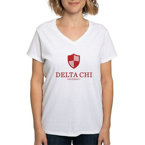 CafePress - Delta Chi Vertical Red Logo T Shirt - Womens Cotton V-Neck T-shirt