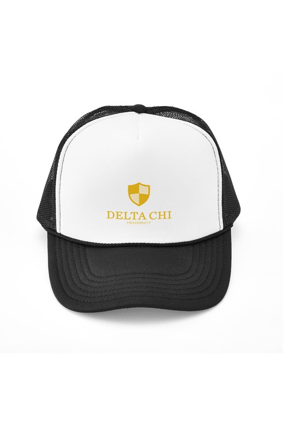 - Delta Chi Vertical Yellow Logo - Adjustable Unisex Printed Trucker Hat with Mesh Back