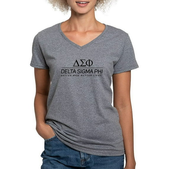 CafePress - Delta Sigma Phi Black Stacked Logo T Shirt - Women's V-Neck Dark T-Shirt