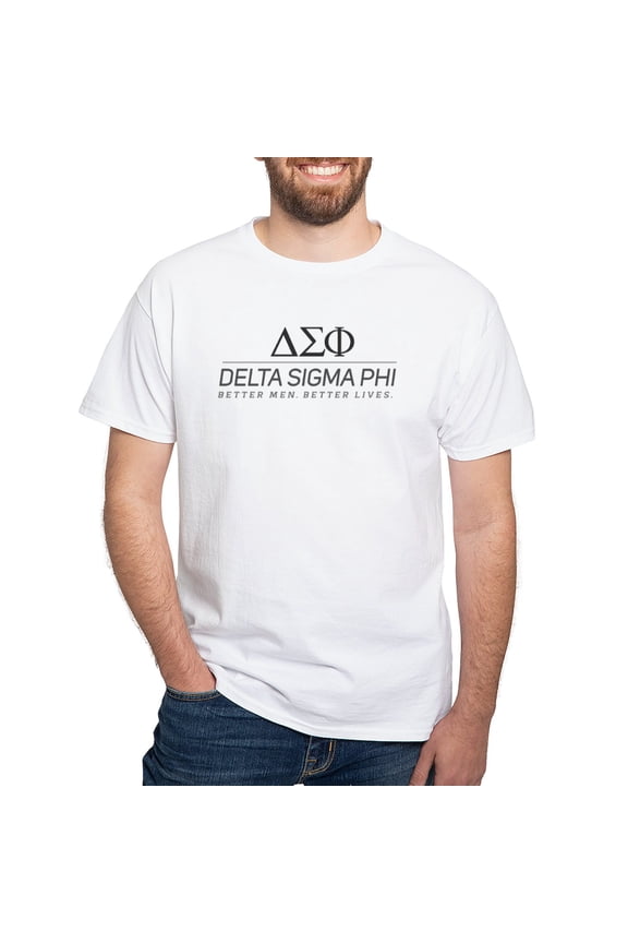 - Delta Sigma Phi Grayscale Stacked Logo T Shirt - Men's White Classic Cotton T-Shirts