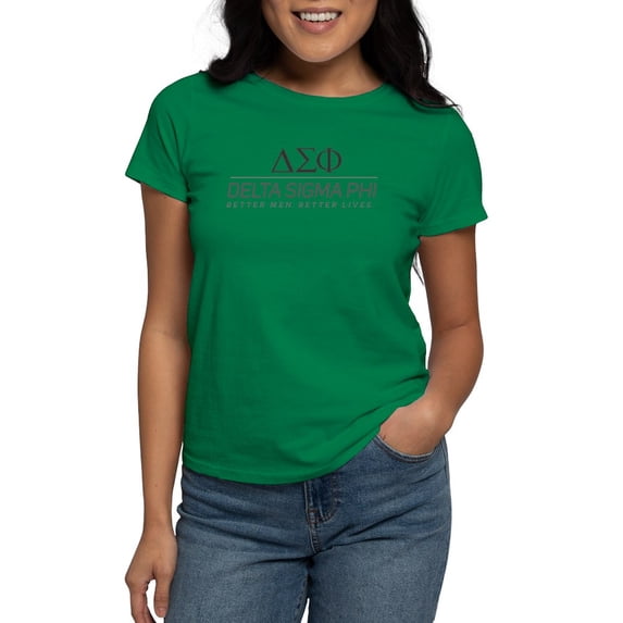 CafePress - Delta Sigma Phi Grayscale Stacked Logo T Shirt - Women's Traditional Fit Dark T-Shirt
