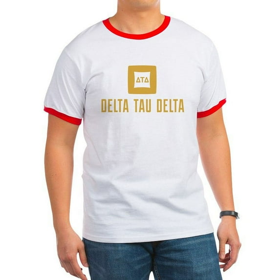 CafePress - Delta Tau Delta Gold Stacked Signature T Shirt - 100% Cotton Ringed T-Shirt