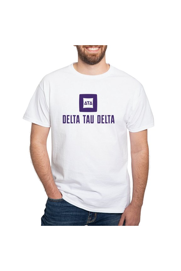 - Delta Tau Delta Purple Stacked Signature T Shirt - Men's White Classic Cotton T-Shirts