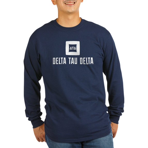 CafePress - Delta Tau Delta White Stacked Signature Long Sleeve T Shirt - Long Sleeve Dark T-Shirt