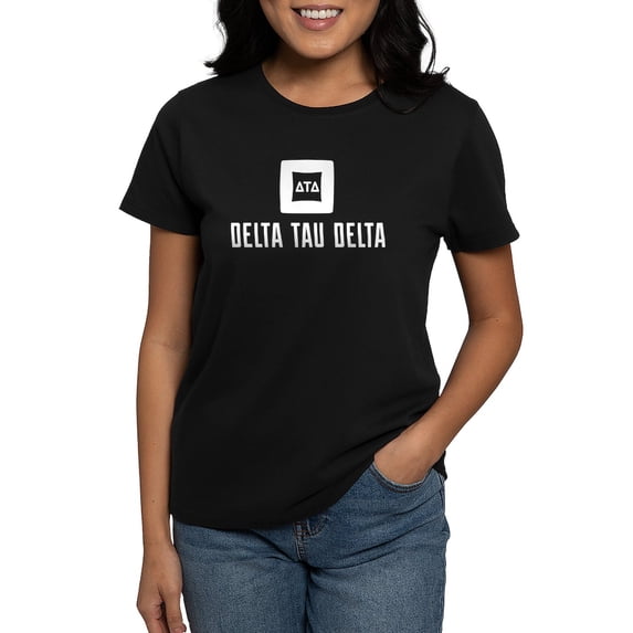 CafePress - Delta Tau Delta White Stacked Signature T Shirt - Women's Traditional Fit Dark T-Shirt