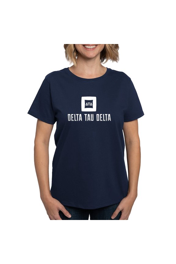 - Delta Tau Delta White Stacked Signature T Shirt - Women's Traditional Fit Dark T-Shirt