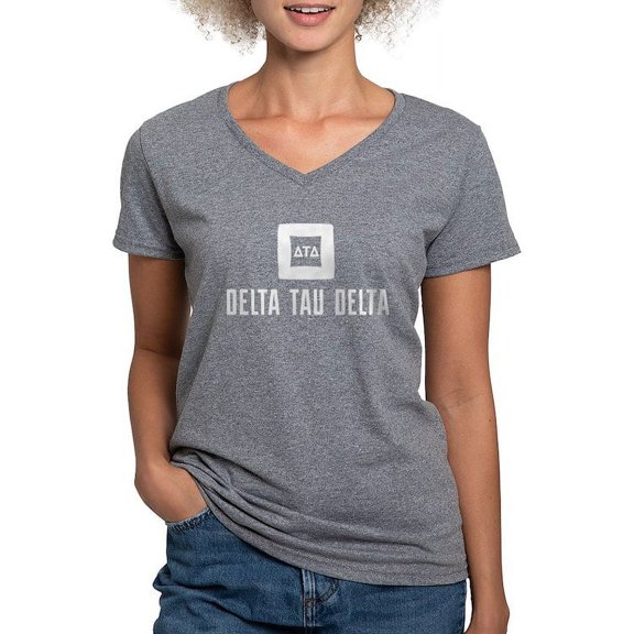 CafePress - Delta Tau Delta White Stacked Signature T Shirt - Women's V-Neck Dark T-Shirt