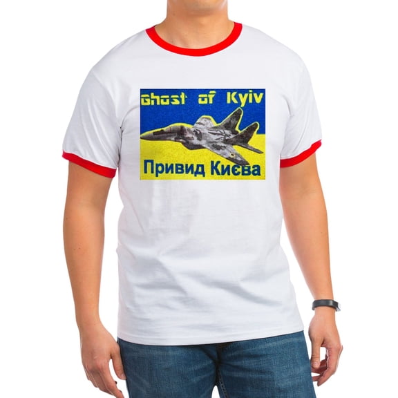 CafePress - Distressed, 80S Style, Ukraine, Ghost Of Kyiv, Zel - 100% Cotton Ringed T-Shirt