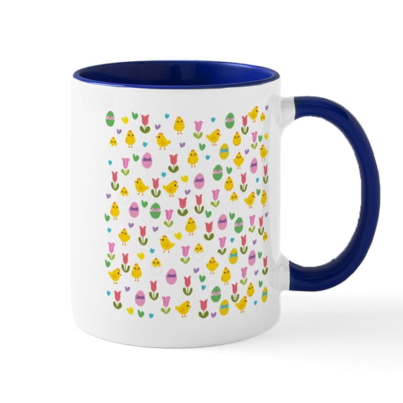CafePress - Easter Chick And Tulips Pattern Mugs - 11 oz Ceramic Mug - Novelty Coffee Tea Cup