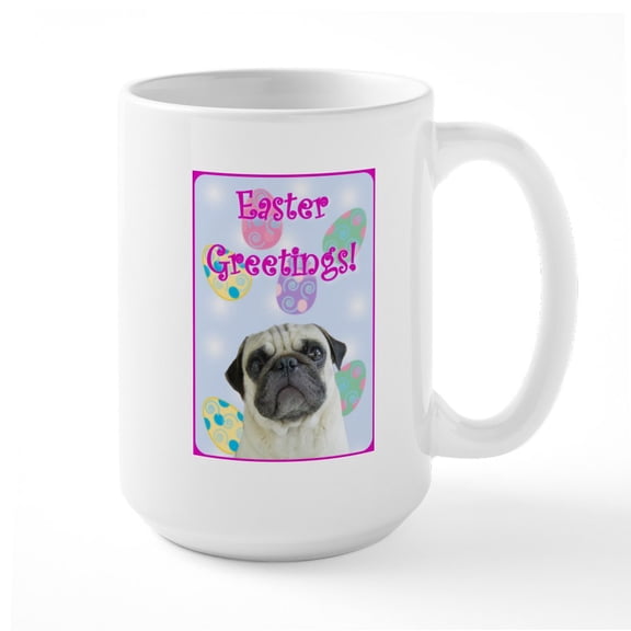 CafePress - Easter Greetings Pug Large Mug - 15 oz Ceramic Large White Novelty Mug