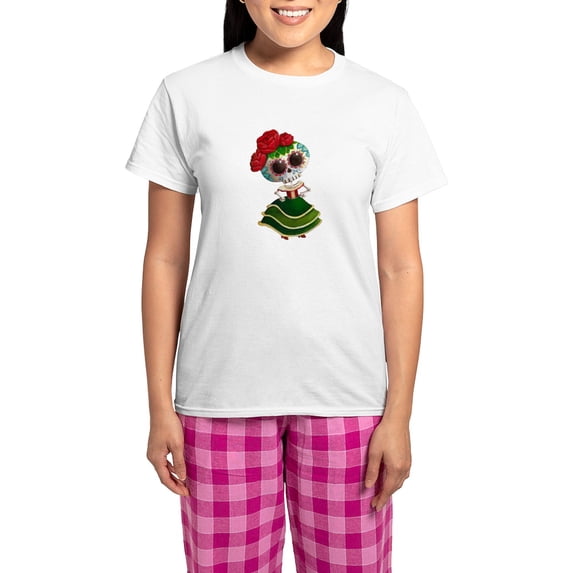 CafePress - El Dia De Los Muertos Skeleton Girl Pijamas - Women's Short Sleeve Print T-Shirt and Pants Light Cotton Pajama Set