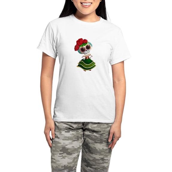 CafePress - El Dia De Los Muertos Skeleton Girl Pijamas - Women's Short Sleeve Print T-Shirt and Pants Light Cotton Pajama Set