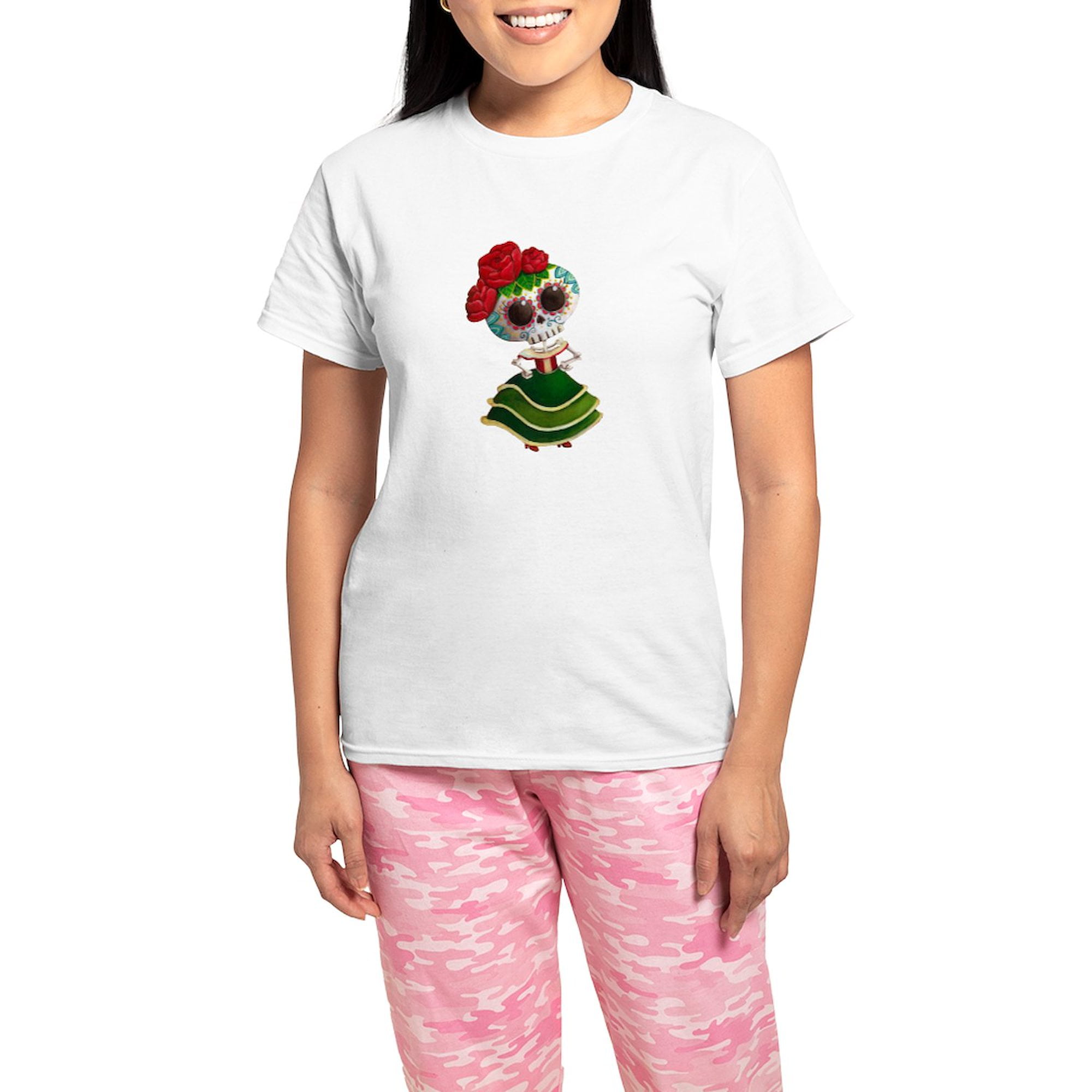 CafePress El Dia De Los Muertos Skeleton Girl Pijamas Women s Short Sleeve Print T Shirt and Pants Light Cotton Pajama Set Walmart