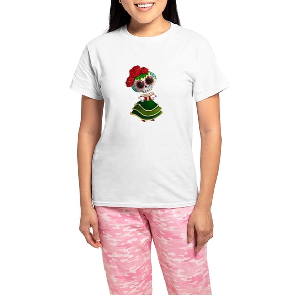 CafePress - El Dia De Los Muertos Skeleton Girl Pijamas - Women's Short Sleeve Print T-Shirt and Pants Light Cotton Pajama Set