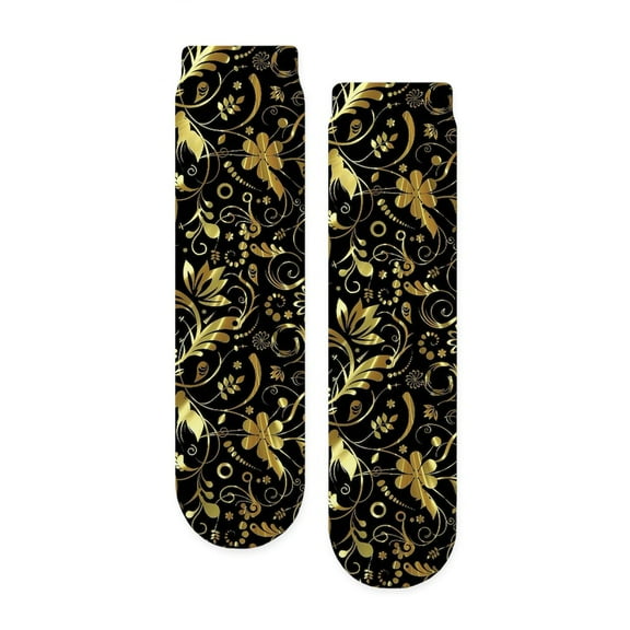 CafePress - Elegant Floral Damasks In Black And Metallic Gold - Unisex Novelty Printed Crew Adult Socks