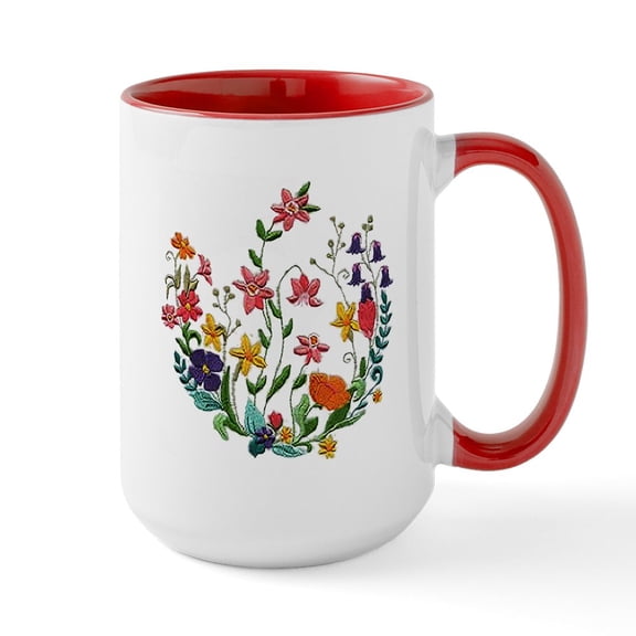 CafePress - Embroidered Spring Flowers Large Mug - 15 oz Ceramic Large White Novelty Mug