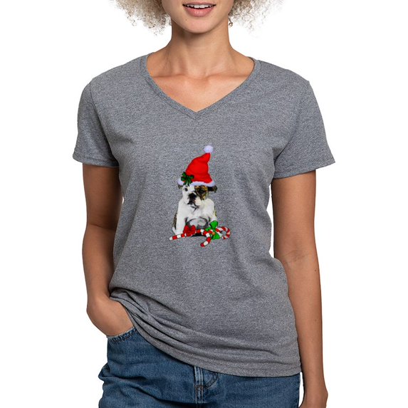 CafePress - English Bulldog Christmas T Shirt - Women's V-Neck Dark T-Shirt