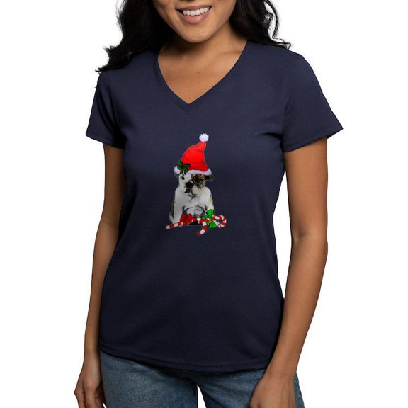 CafePress - English Bulldog Christmas T Shirt - Women's V-Neck Dark T-Shirt