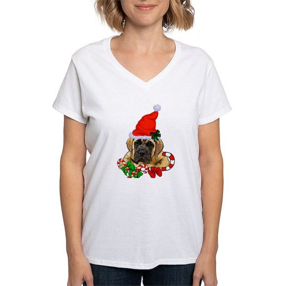 CafePress - English Mastiff Christmas T Shirt - Womens Cotton V-Neck T-shirt