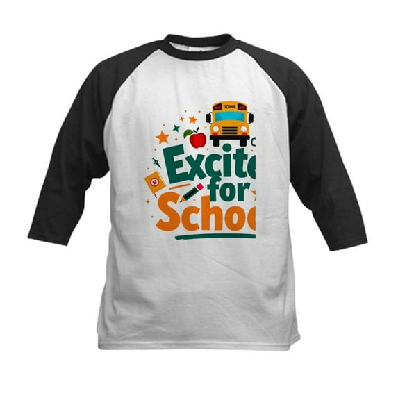 CafePress - Excited For School T Shirt – Fun & Motivational Kids Baseball T Shirt - Kids Cotton Baseball Jersey, 3/4 Sleeve Shirt