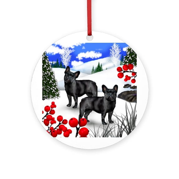 CafePress - FRENCH BULLDOG DOG WINTER BERRIES - Round Wood Ornament 4"
