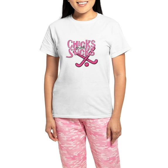 CafePress - Field Hockey Chicks With Stic Women's Light Pajama - Women's Short Sleeve Print T-Shirt and Pants Light Cotton Pajama Set