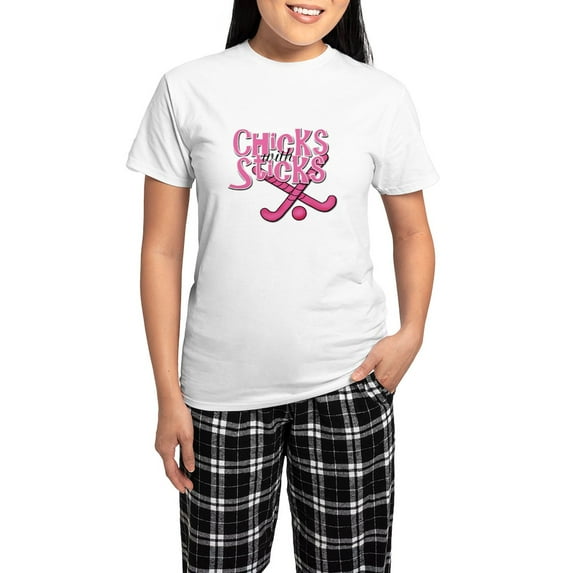 CafePress - Field Hockey Chicks With Stic Women's Light Pajama - Women's Short Sleeve Print T-Shirt and Pants Light Cotton Pajama Set