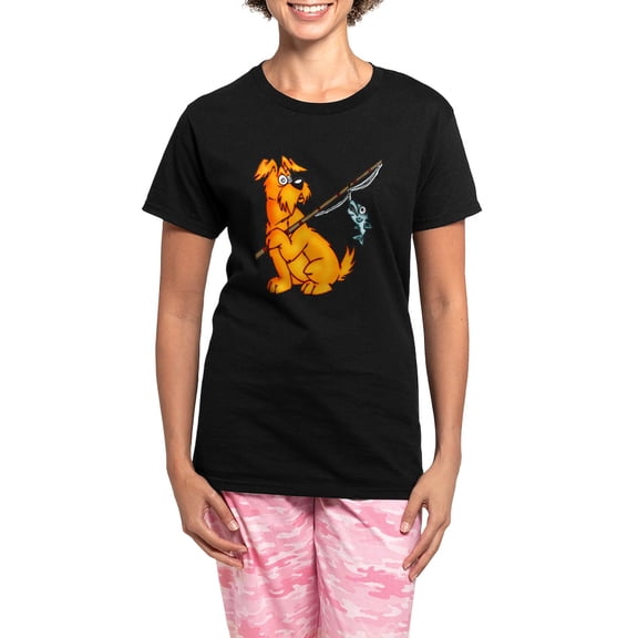 CafePress - Fishing Cartoon Dog Women's Dark Pajamas - Women's Short Sleeve Print T-Shirt and Pants Dark Cotton Pajama Set