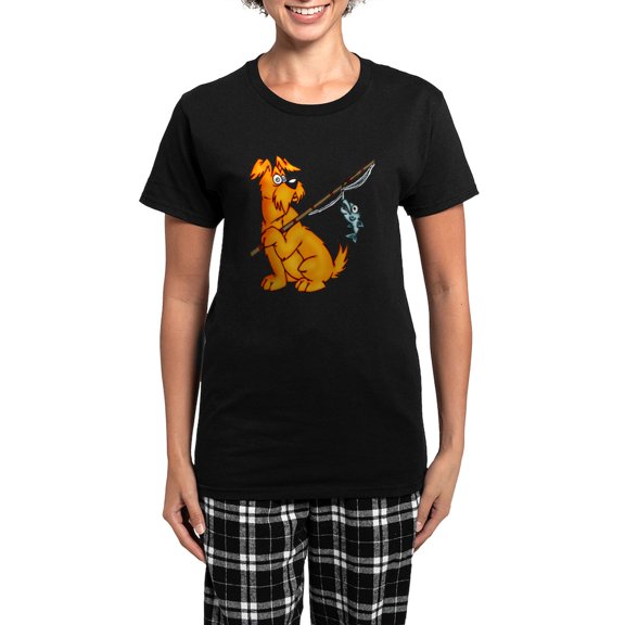 CafePress - Fishing Cartoon Dog Women's Dark Pajamas - Women's Short Sleeve Print T-Shirt and Pants Dark Cotton Pajama Set