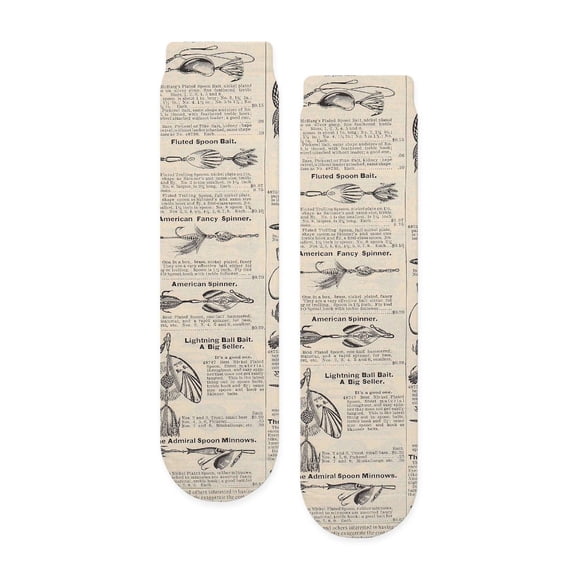 CafePress - Fishing Lures Vintage Antique Newsprint - Unisex Novelty Printed Crew Adult Socks