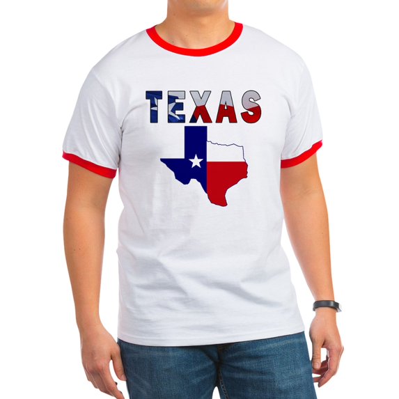 CafePress - Flag Map With Texas Ringer T - 100% Cotton Ringed T-Shirt