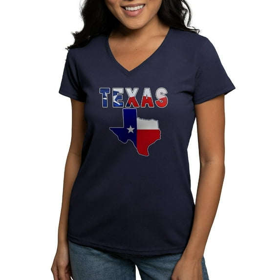 CafePress - Flag Map With Texas Women's V Neck Dark T Shirt - Women's V-Neck Dark T-Shirt