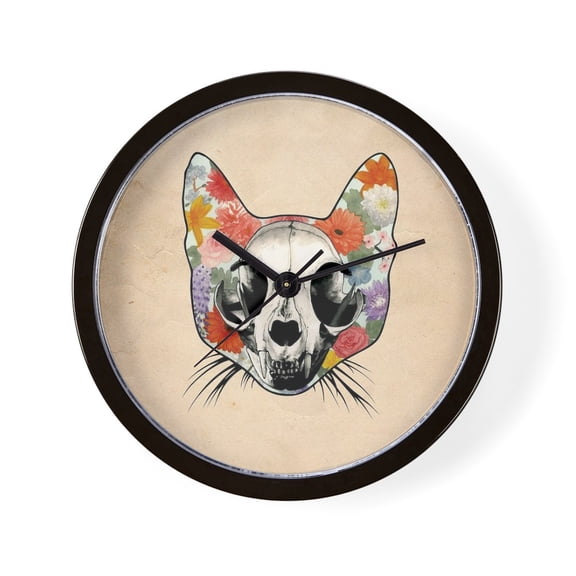 CafePress - Floral Cat Skull Grunge - 10" Quartz Analog Battery-Powered Modern Wall Clock, Unique