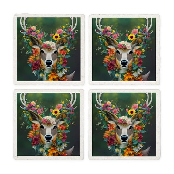 CafePress - Flowers And Deer - Tile Coaster, Drink Coaster Set of 4