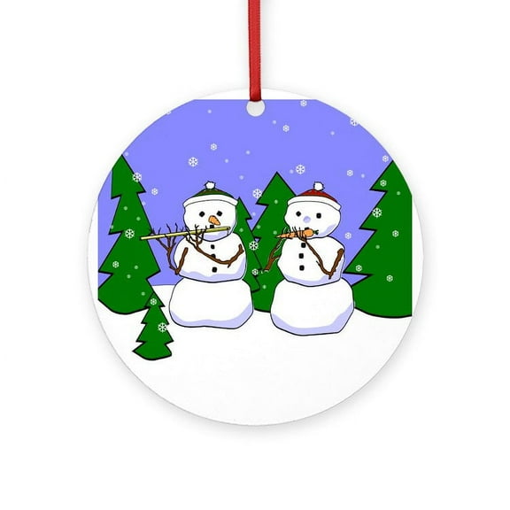 CafePress - Flute & Piccolo Snowmen -  Round Wood Ornament 4"