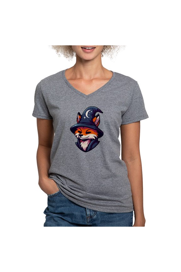 - Fox Wizard Magic Fantasy Women's V Neck T Shirt - Women's V-Neck Dark T-Shirt