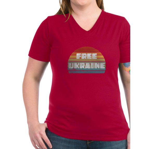 CafePress - Free Ukraine Women's V Neck T Shirt - Women's V-Neck Dark T-Shirt