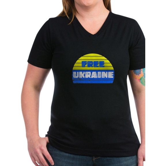 CafePress - Free Ukraine Women's V Neck T Shirt - Women's V-Neck Dark T-Shirt