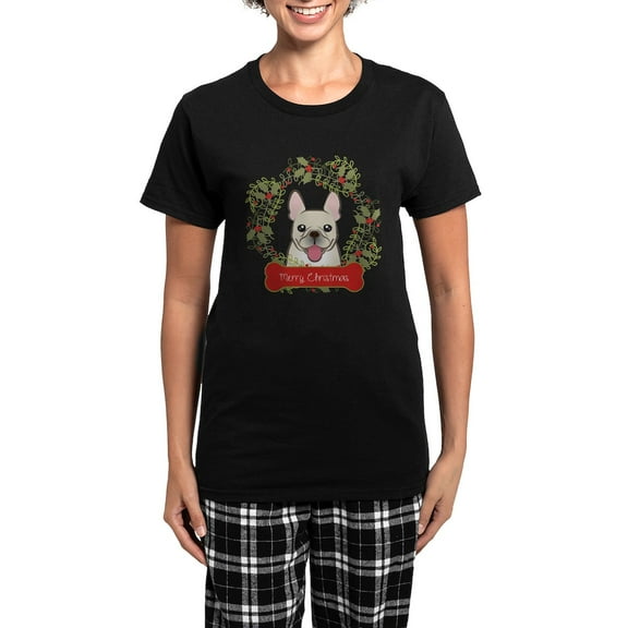 CafePress - French Bulldog Christmas Wreath Pajamas - Women's Short Sleeve Print T-Shirt and Pants Dark Cotton Pajama Set