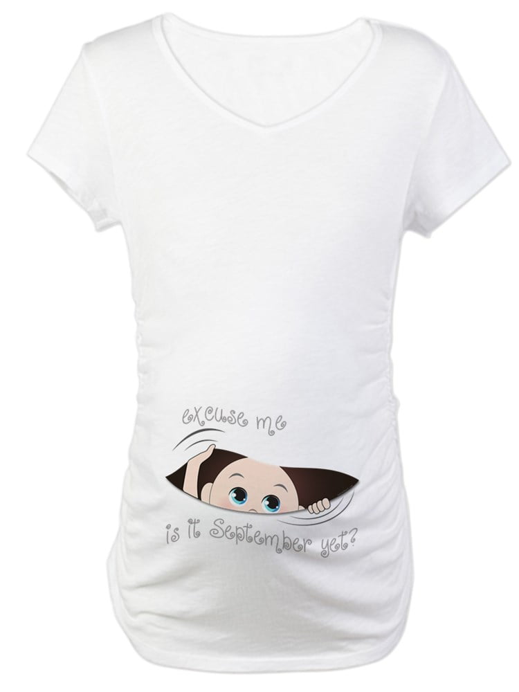 Cafepress - Funny Peeking Baby September Maternity T Shirt - Cotton Maternity T-Shirt, Cute & Funny Pregnancy Tee, Infant Girl's, Size: Small, White