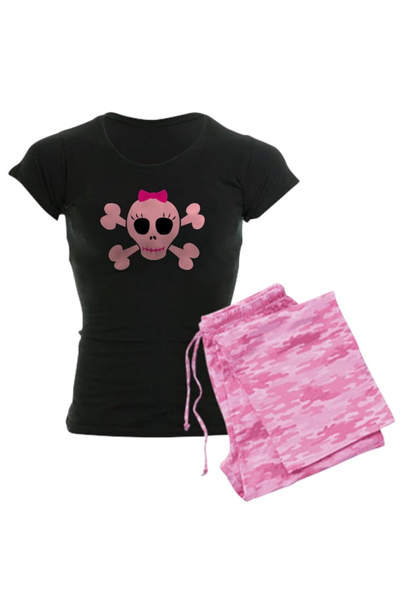 - Funny Pink Skull Women's Dark Pajamas - Women's Short Sleeve Print T-Shirt and Pants Dark Cotton Pajama Set