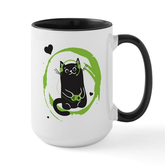 CafePress - Gamer Cat Mugs - 15 oz Ceramic Large White Novelty Mug