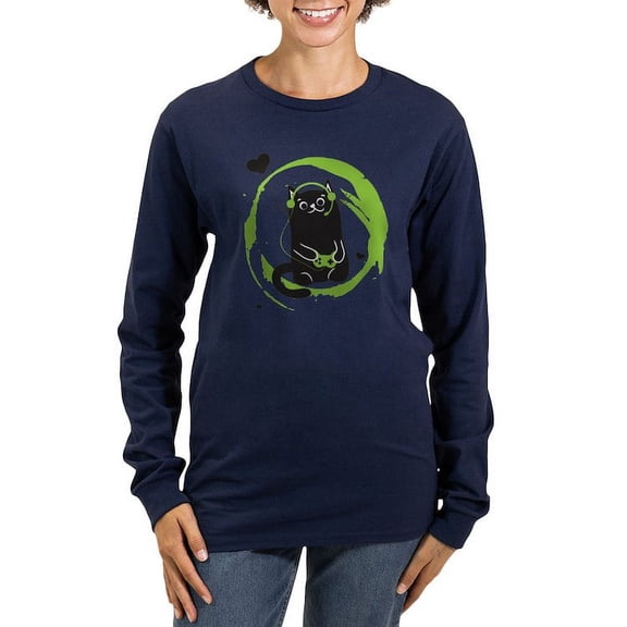 CafePress - Gamer Cat Women's Long Sleeve Dark T Shirt - Women's Long Sleeve Graphic Tee Casual Fit