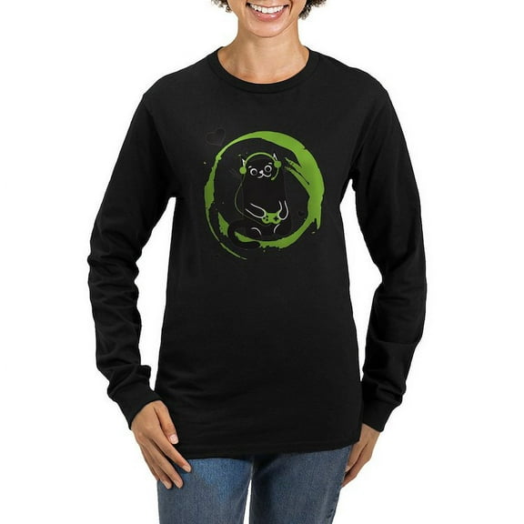 CafePress - Gamer Cat Women's Long Sleeve Dark T Shirt - Women's Long Sleeve Graphic Tee Casual Fit