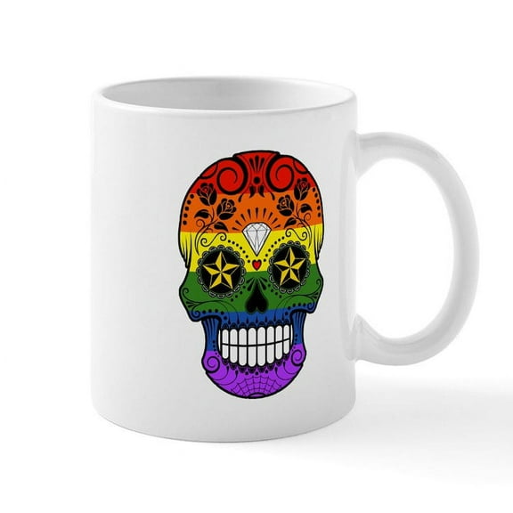 CafePress - Gay Pride Rainbow Flag Sugar Skull With Roses Mugs - 11 oz Ceramic Mug - Novelty Coffee Tea Cup