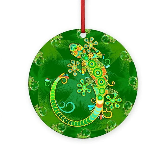 CafePress - Gecko Lizard Tattoo Style -  Round Wood Ornament 4"