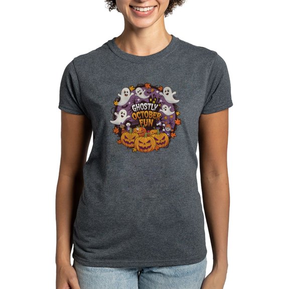 CafePress - Ghostly October Fun Design Women's Value T Shirt - Women's Traditional Fit Dark T-Shirt