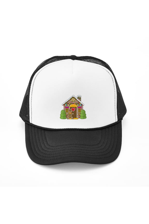 - Gingerbread House - Adjustable Unisex Printed Trucker Hat with Mesh Back